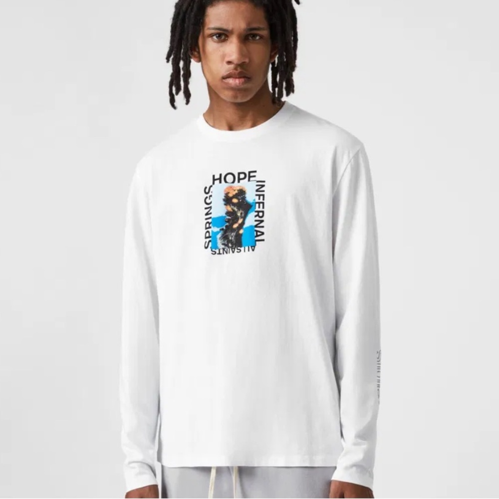 All Saints White Long Sleeve Tee with Graphic Print